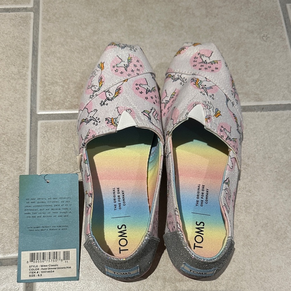 TOMS Womens Moccasins with Unicorns - Pink and Gray sz 6.5